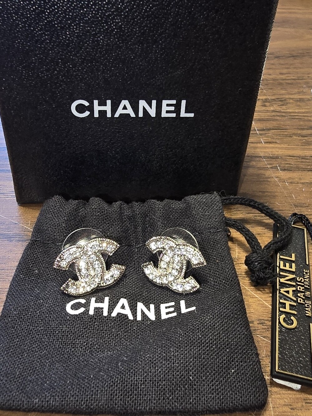 CHANEL Silver Crystal CC Logo Stud Earrings
